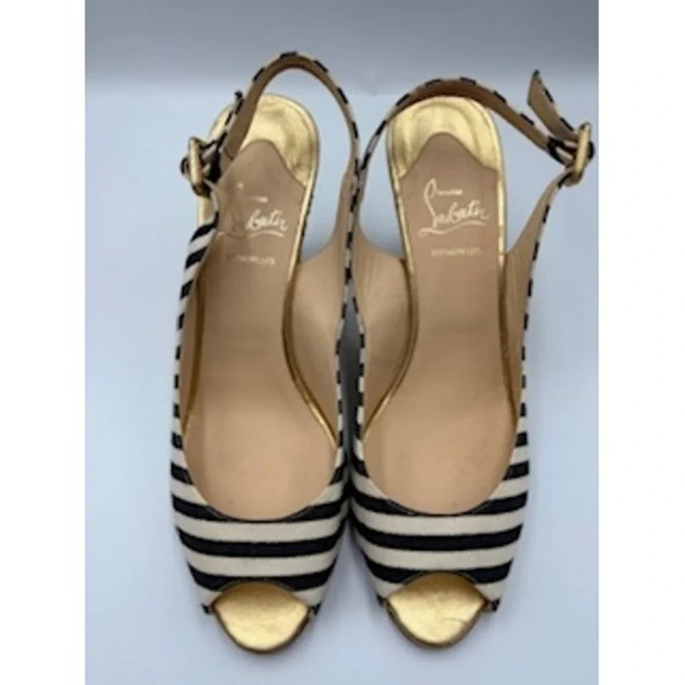 Christian Louboutin Espadrille Wedges Navy White Striped Gold Slingback 41